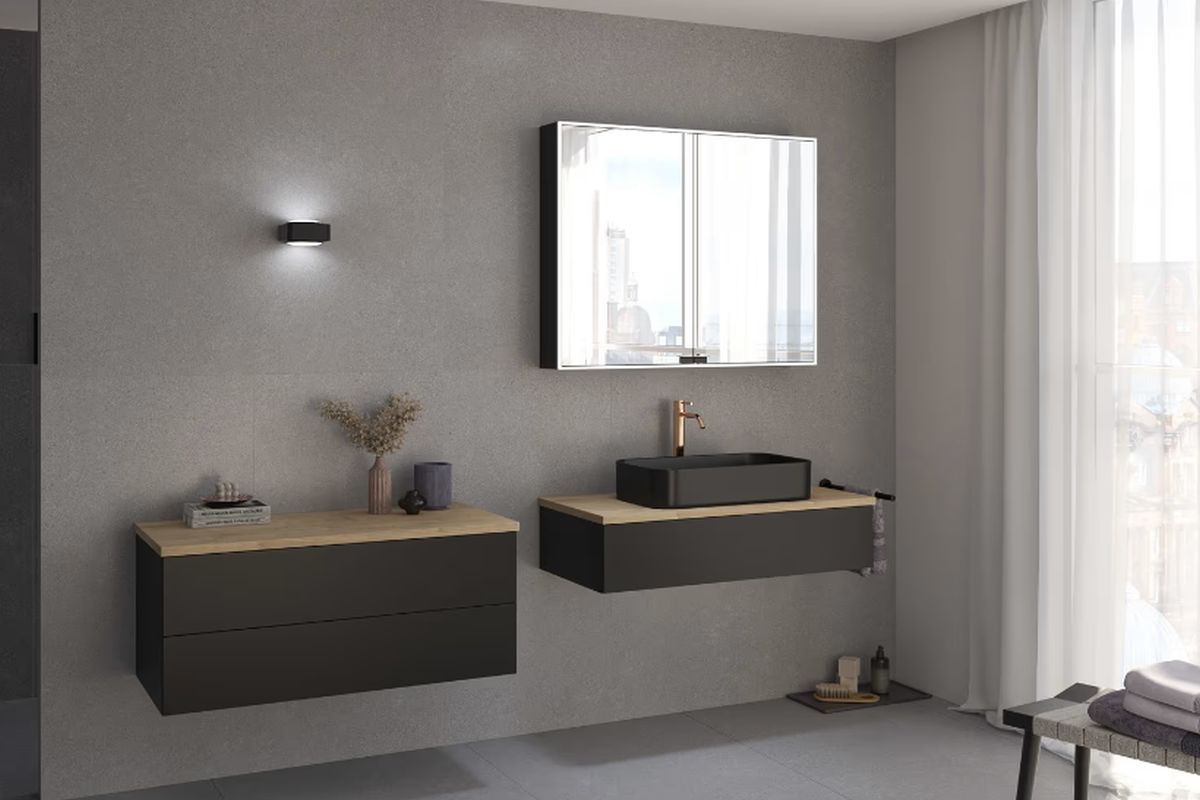 Kronenbach Cube szafka z blatem 101x48,7x23,5 cm podumywalkowa wisząca czarna-dąb KBWTKOWTL1011SMGH