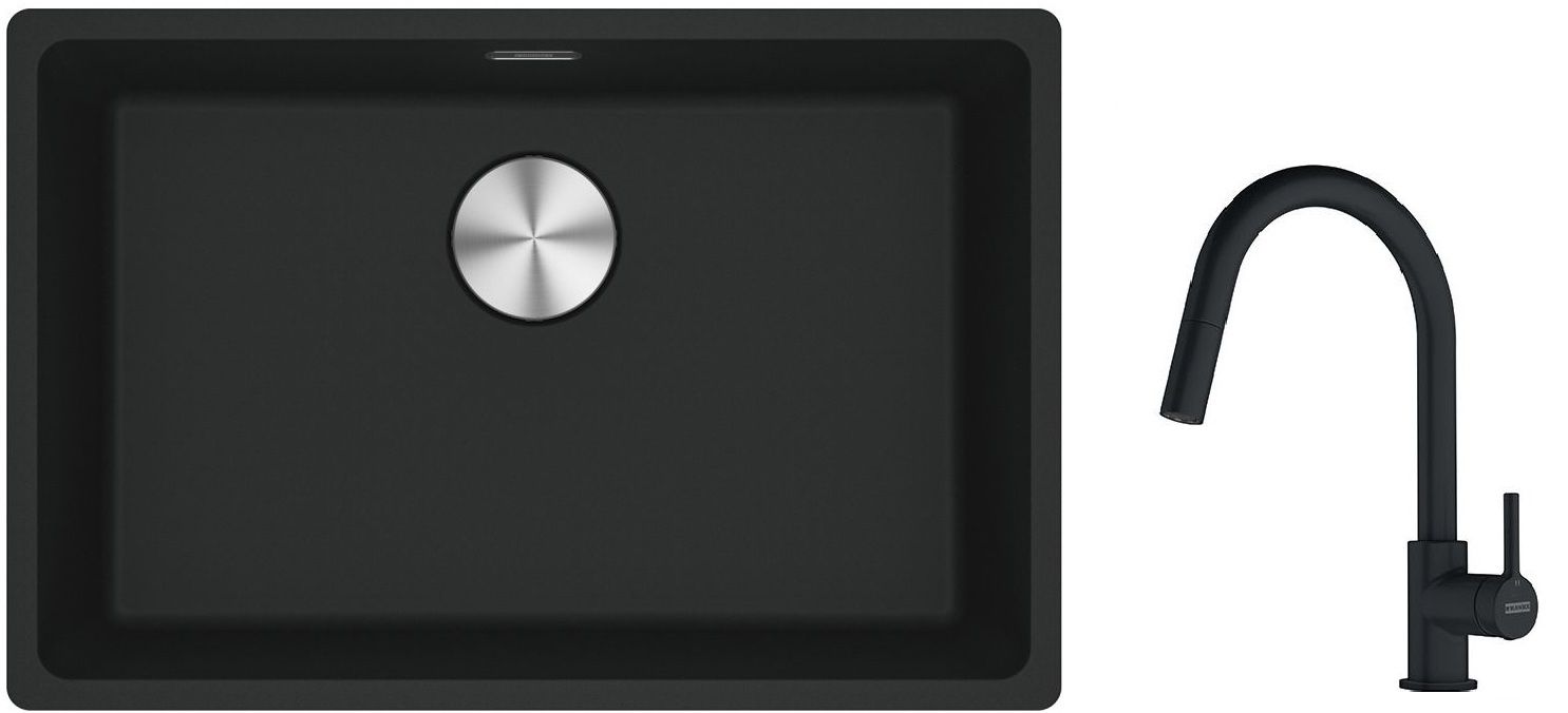 Franke Maris MRG 110-62 zlewozmywak 62x40 cm Fragranite z baterią kuchenną Lina czarny mat (1250687256, 1150626053)