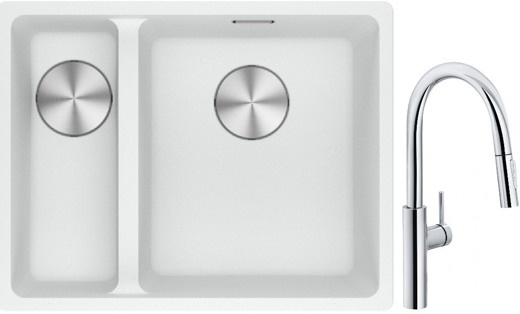 Franke Maris MRG 160-34-15SBL zlewozmywak 52x40 cm Fragranite biały polarny z baterią kuchenną Pescara L Slide-In chrom (1250687271, ...