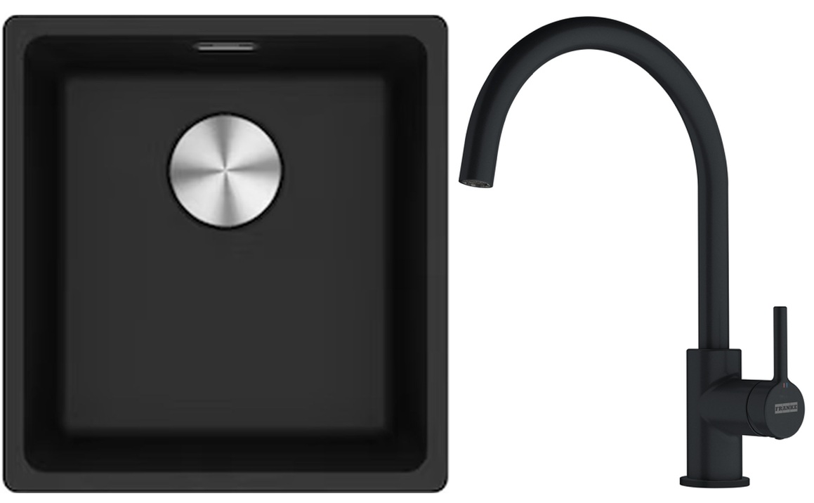 Franke Maris MRG 110-37 zlewozmywak 40x37 cm Fragranite onyx z baterią kuchenną Lina czarny mat (1250687249, 1150626019)