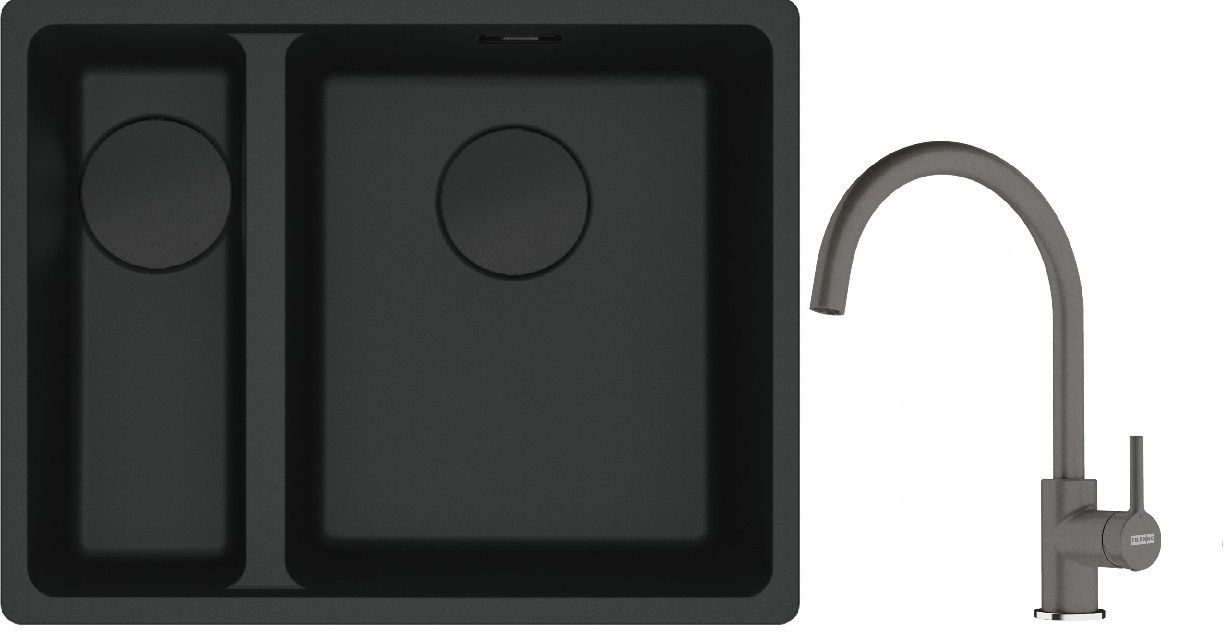 Franke Maris MRG 160-34-15SBL zlewozmywak 52x40 cm Fragranite czarny mat z baterią kuchenną Lina kamienny szary (1250697756, 1150626022)