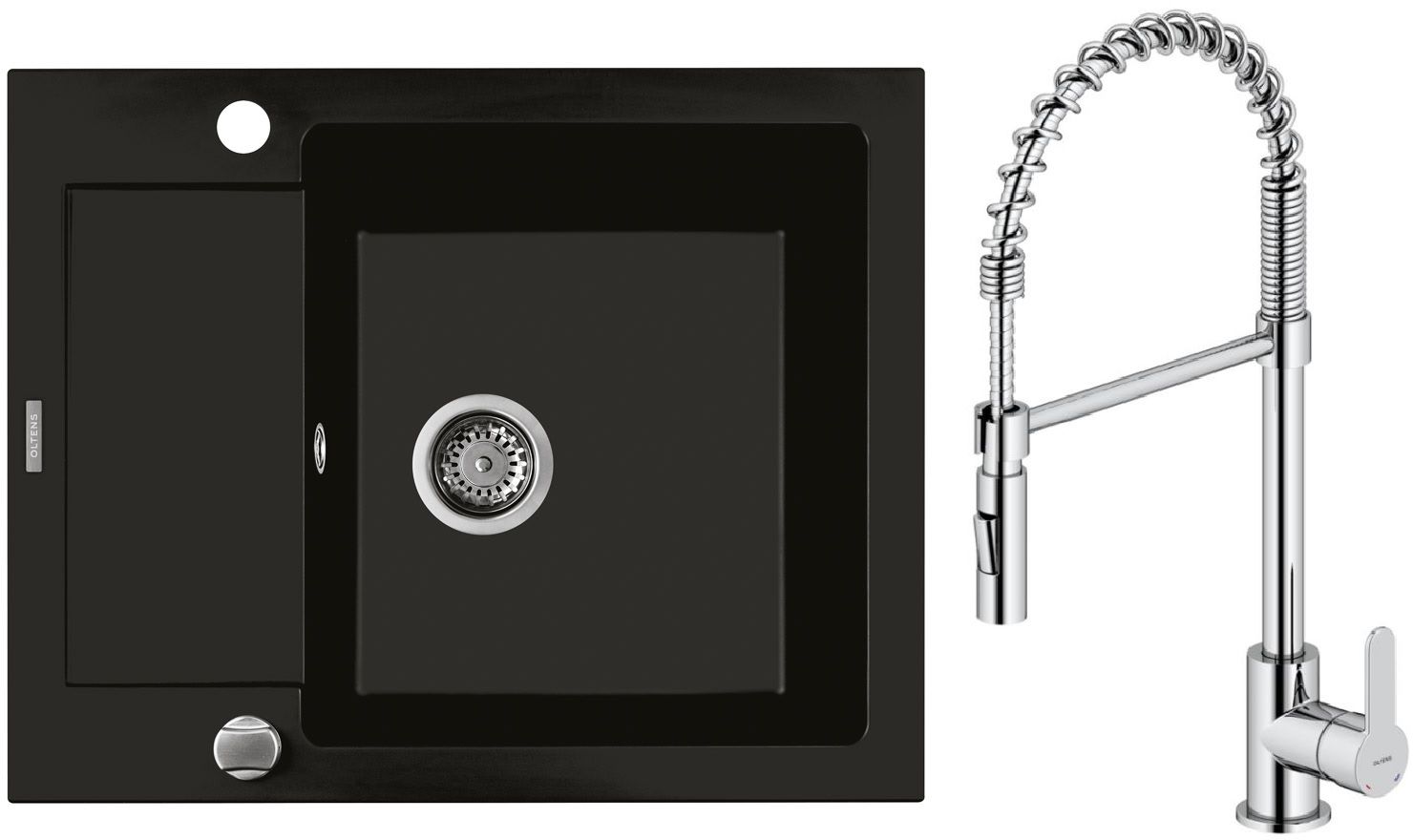 Zestaw Oltens Gravan zlewozmywak granitowy 1-komorowy 62x50 cm z baterią kuchenną Duf czarny mat/chrom (72102300, 35203100) - Wysyłka w 24h