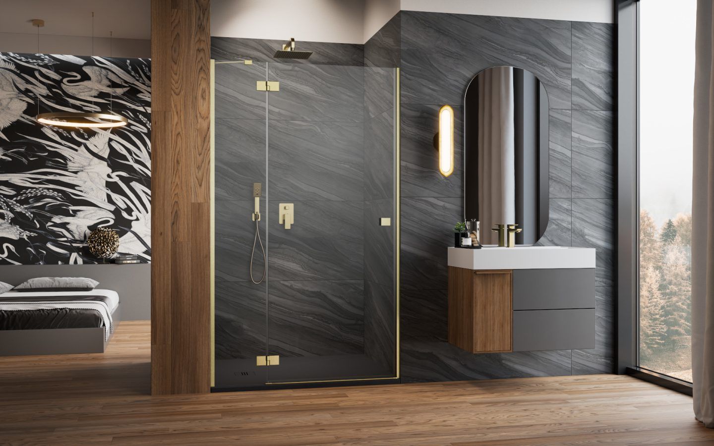 Radaway Essenza DWJ drzwi prysznicowe 120 cm lewe złoty szczotkowany/szkło przezroczyste 13850169901L