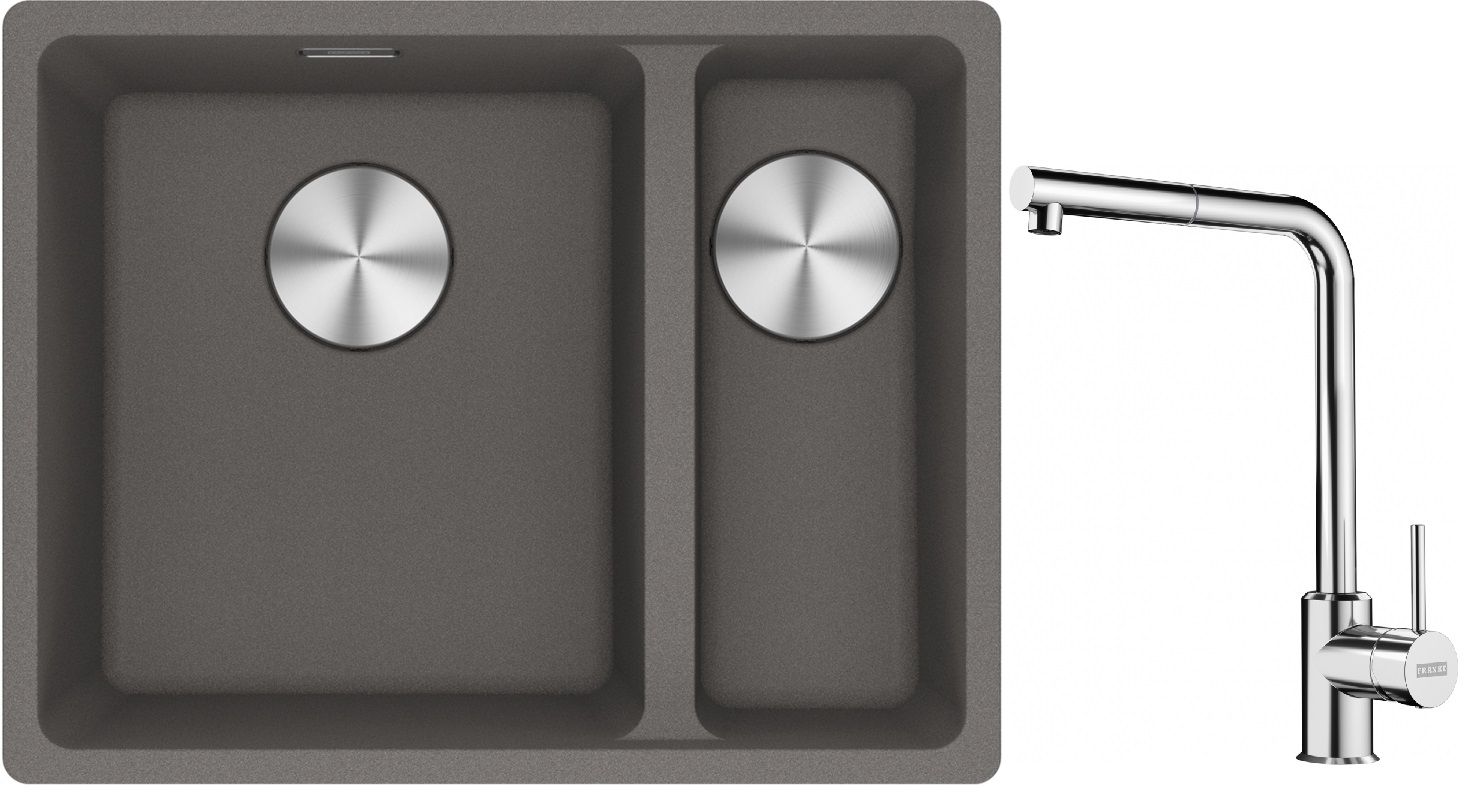 Franke Maris MRG 160-34-15SBR zlewozmywak 52x40 cm Fragranite kamienny szary z baterią kuchenną Sirius Side chrom (1250687266, 1150668280)