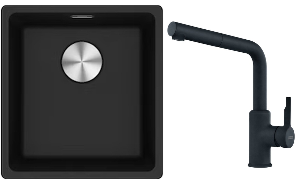 Franke Maris MRG 110-37 zlewozmywak 40x37 cm Fragranite onyx z baterią kuchenną Urban czarny mat (1250687249, 1150627523)