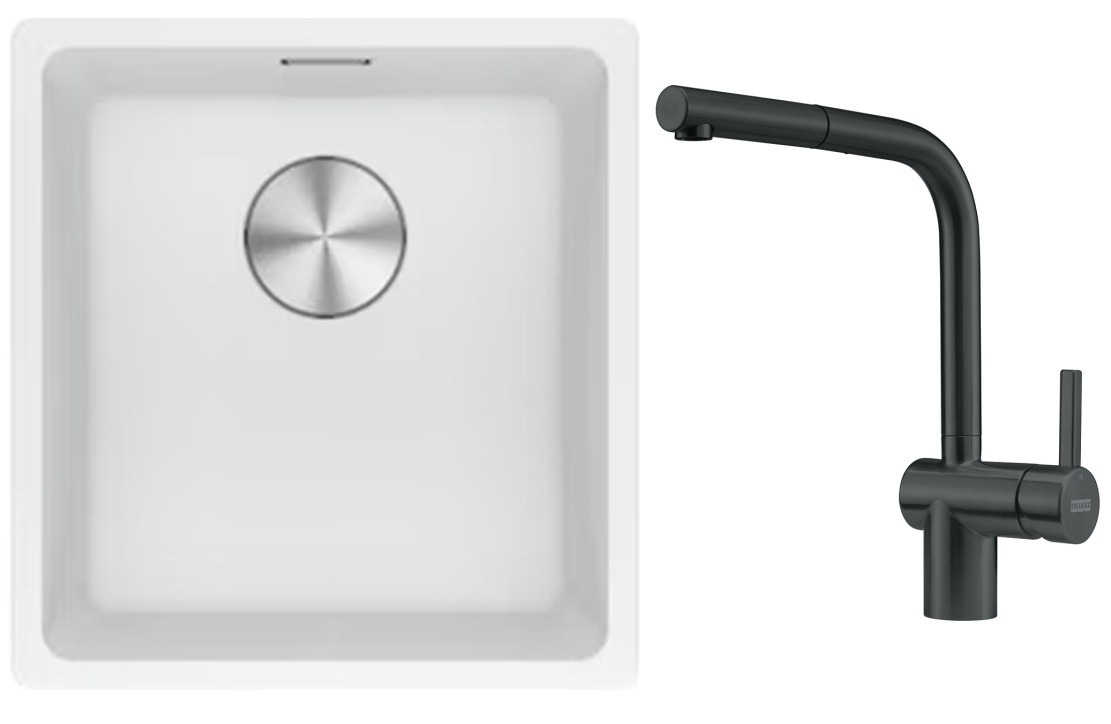 Franke Maris MRG 110-37 zlewozmywak 40x37 cm Fragranite biały polarny z baterią kuchenną Atlas czarna stal szlachetna (1250687251, ...