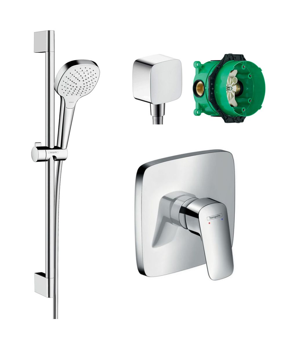 Zestaw Hansgrohe Logis bateria prysznicowa podtynkowa z kompletem natryskowym Croma i przyłączem FixFit chrom/biały (71605000, 01800180, ... - Wysyłka