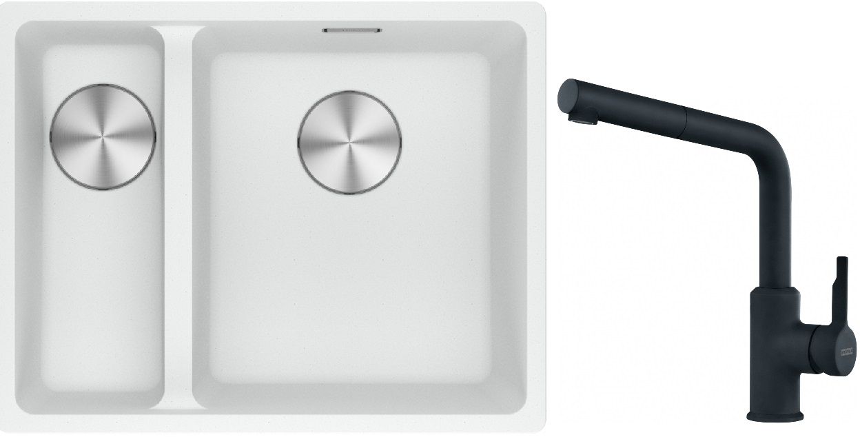 Franke Maris MRG 160-34-15SBL zlewozmywak 52x40 cm Fragranite biały polarny z baterią kuchenną Urban czarny mat (1250687271, 1150627523)