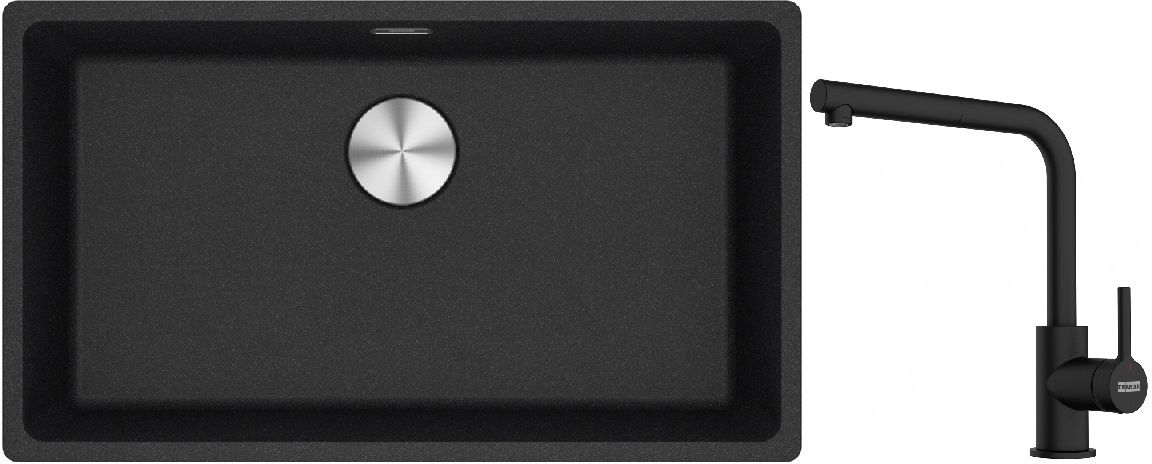 Franke Maris MRG 110-72 zlewozmywak 72x40 cm Fragranite onyx z baterią kuchenną Lina czarny mat (1250687261, 1150712435)