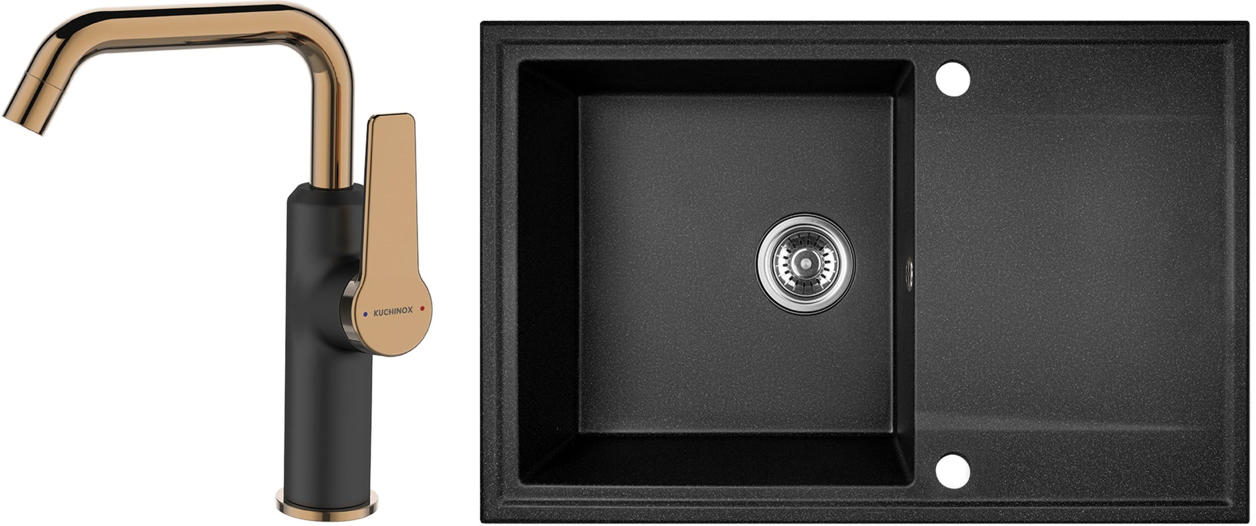 Zestaw Kuchinox Hunter zlewozmywak granitowy czarny z baterią kuchenną Alanis czarny/różowe złoto (SBU711T, BQI825D)