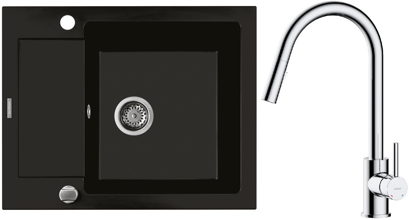 Zestaw Oltens Gravan zlewozmywak granitowy 1-komorowy 62x50 cm z baterią kuchenną Litla czarny mat/chrom (72102300, 35204100) - Wysyłka w 24h