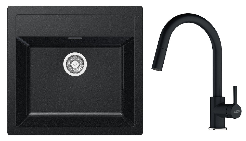 Zestaw Franke Sirius zlewozmywak granitowy 56x53 cm z baterią kuchenną Lina Pull-Out onyx (1140205049, 1150626055) - Wysyłka w 24h