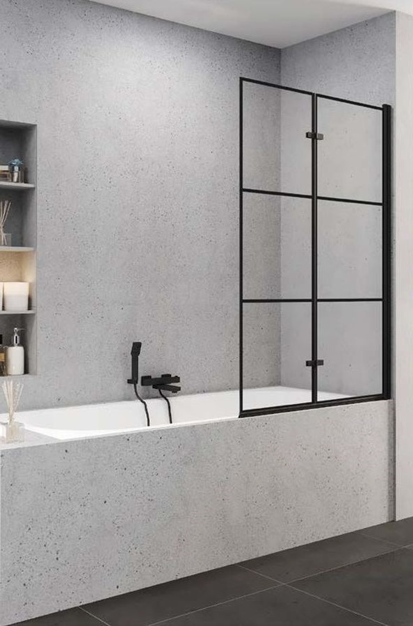 New Trendy Superia Black parawan nawannowy 100 cm 2-częściowy prawy czarny mat/wzór kratka P-0055