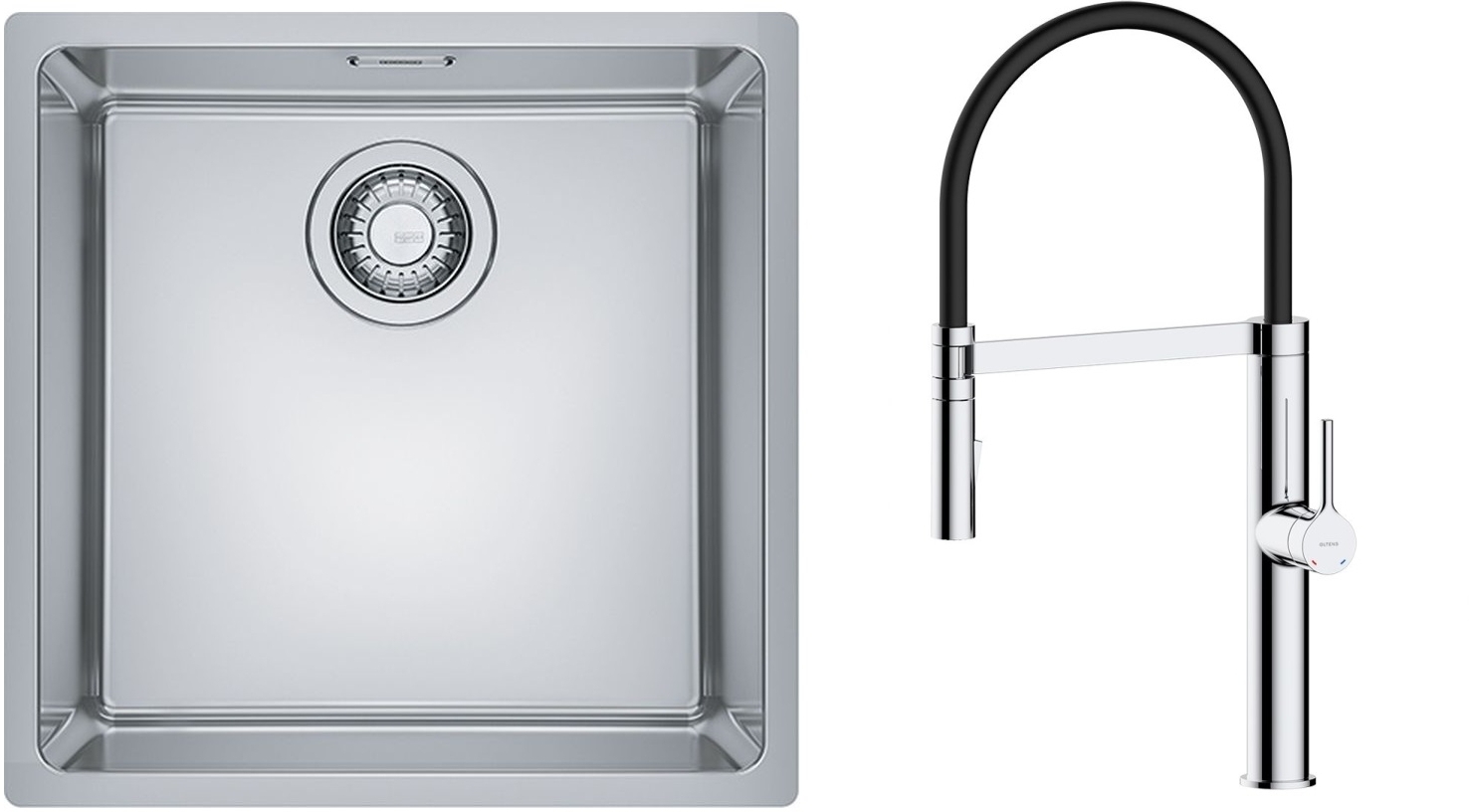 Zestaw Franke Maris MRX 110-40 zlewozmywak 40x40 cm z baterią kuchenną Oltens Borga stal szczotkowana/chrom/czarny (1220543995, 35207100) - Wysyłka w 