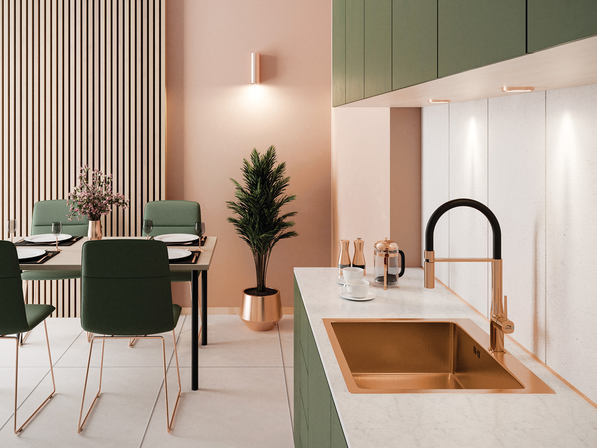 Laveo Pola bateria kuchenna stojąca z wylewką U różowe złoto/czarna BAP878D