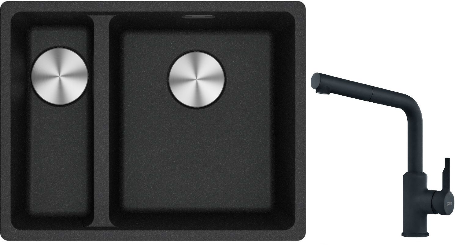 Franke Maris MRG 160-34-15 zlewozmywak 55x43 cm Fragranite onyx z baterią kuchenną Urban czarny mat (1250687269, 1150627523)