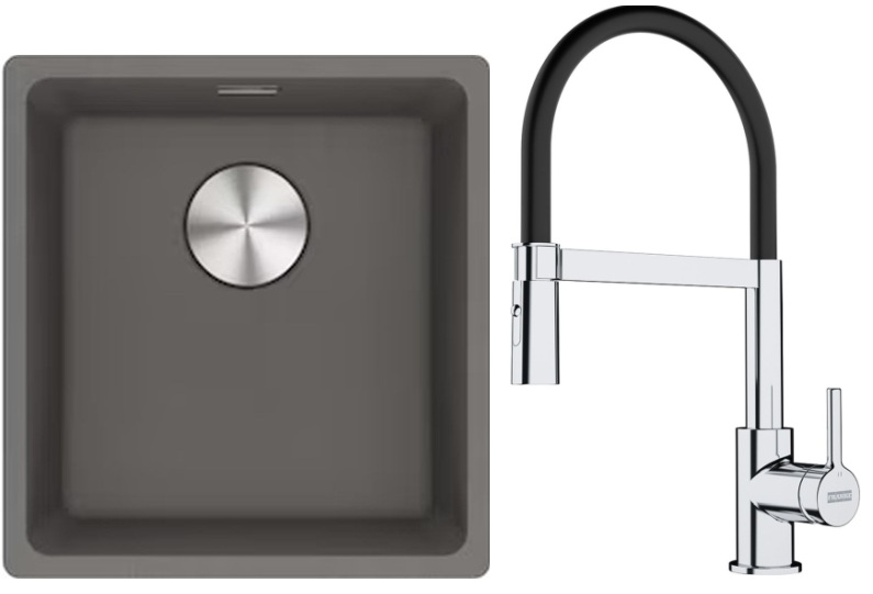 Franke Maris MRG 110-37 zlewozmywak 40x37 cm Fragranite kamienny szary z baterią kuchenną Lina chrom/czarny (1250687250, 1150626085)