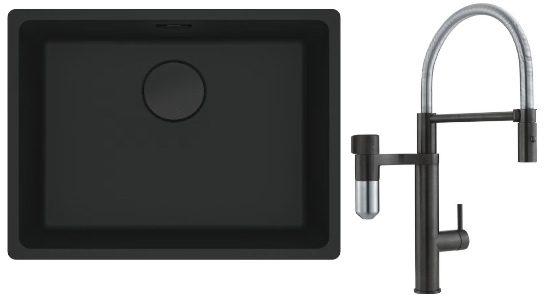 Zestaw Franke Maris zlewozmywak granitowy 52x40 cm z baterią kuchenną Vital Semi-Pro czarny mat/czarny mat stal (1250697759, 1200621313)