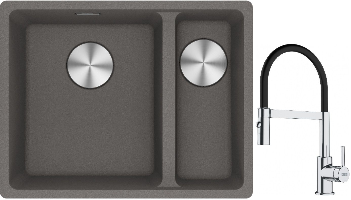 Franke Maris MRG 160-34-15SBR zlewozmywak 52x40 cm Fragranite kamienny szary z baterią kuchenną Lina chrom/czarny (1250687266, 1150626085)