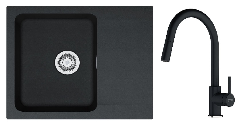 Zestaw Franke Orion zlewozmywak granitowy 62x50 cm z baterią kuchenną Lina Pull-Out onyx (1140286441, 1150626055) - Wysyłka w 24h