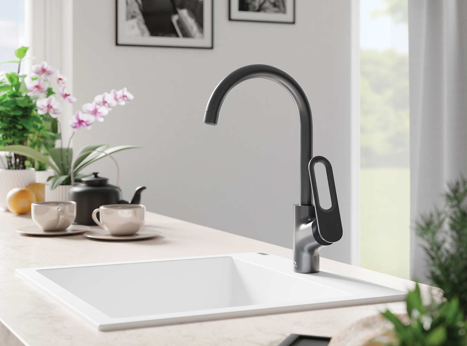 Laveo Tierra bateria kuchenna stojąca z wylewką U grafit BAJ968D