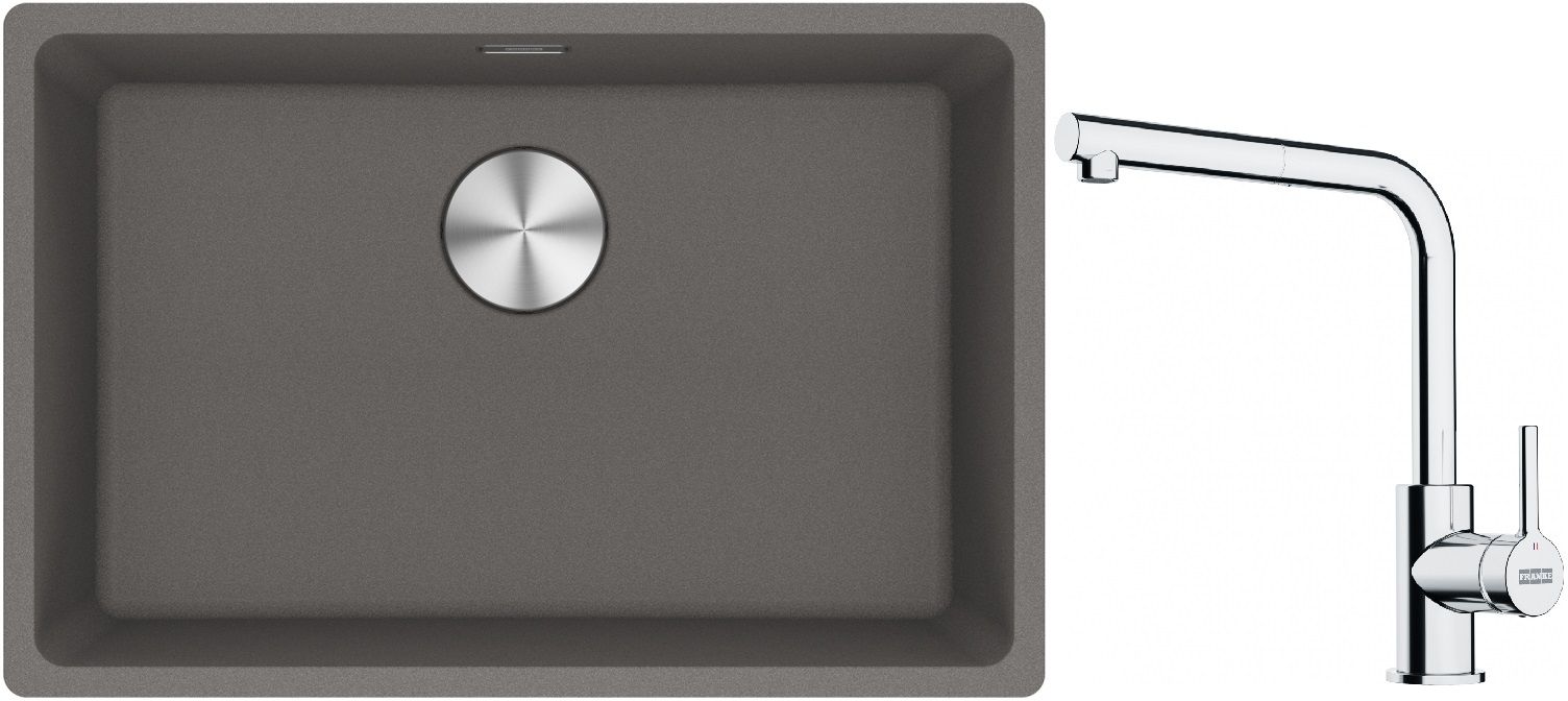 Franke Maris MRG 110-62 zlewozmywak 62x40 cm Fragranite kamienny szary z baterią kuchenną Lina chrom (1250687258, 1150712420)