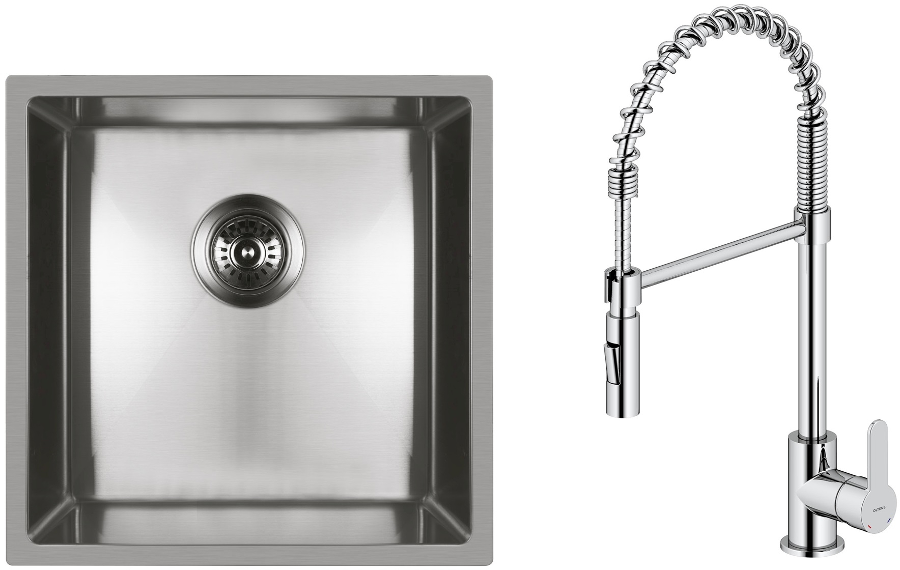 Zestaw Oltens Stalvask zlewozmywak stalowy 44x44 cm z baterią kuchenną Duf stal polerowana/chrom (71100100, 35203100) - Wysyłka w 24h