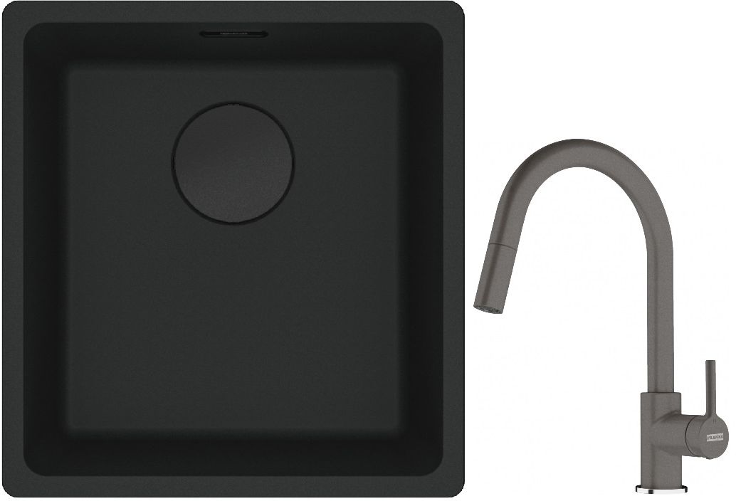 Franke Maris MRG 110-37 zlewozmywak 40x37 cm Fragranit + czarny mat z baterią kuchenną Lina kamienny szary (1250697760, 1150626057) - Wysyłka w 24h