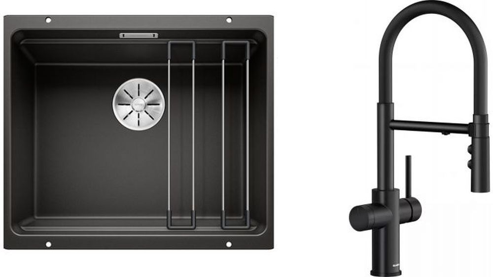 Zestaw Blanco Etagon 500-U zlewozmywak granitowy czarny z baterią kuchenną Catris-S czarną (525887, 526707) - Wysyłka w 24h