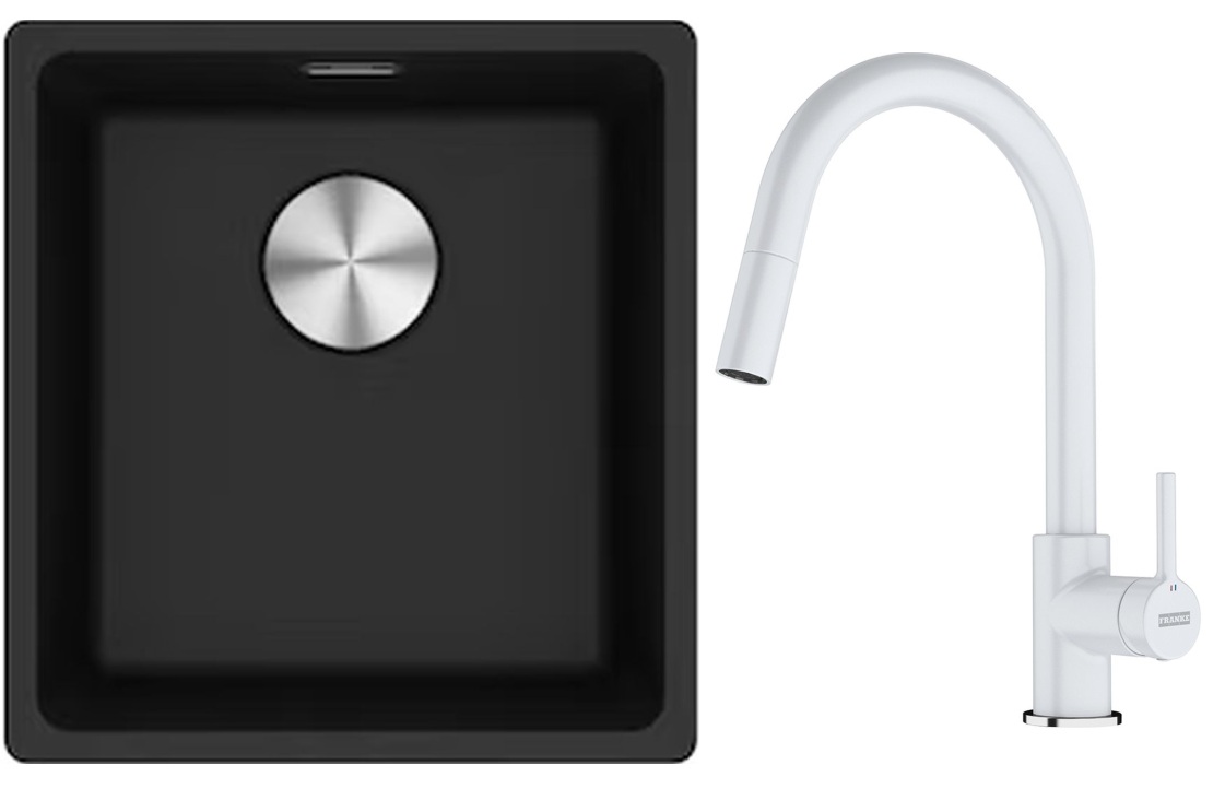 Franke Maris MRG 110-37 zlewozmywak 40x37 cm Fragranite onyx z baterią kuchenną Lina biały polarny (1250687249, 1150626081)