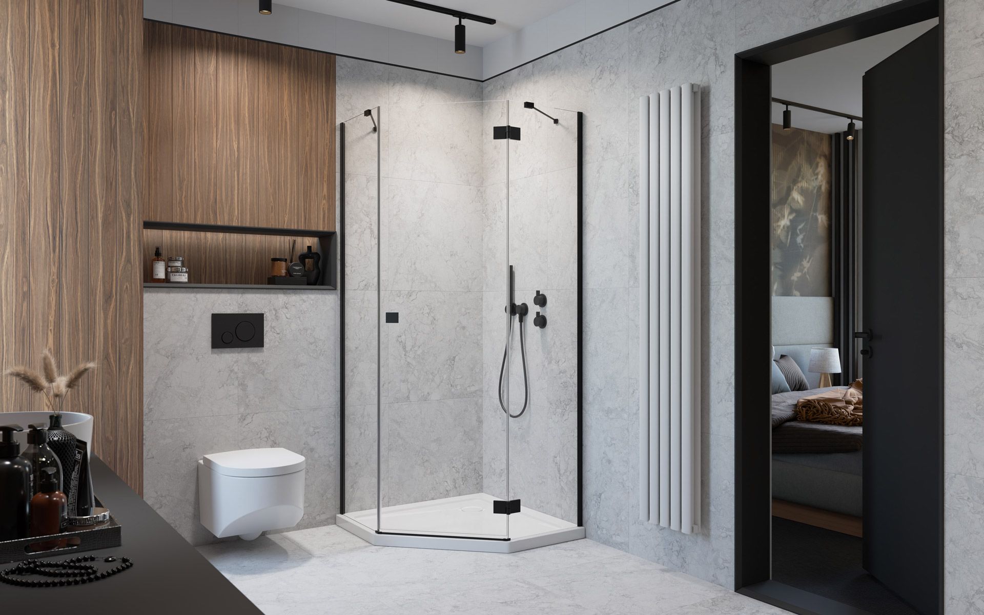 Radaway Essenza New Black PTJ drzwi prysznicowe 60 cm prawe czarny mat/szkło przezroczyste 1385010-54-01R