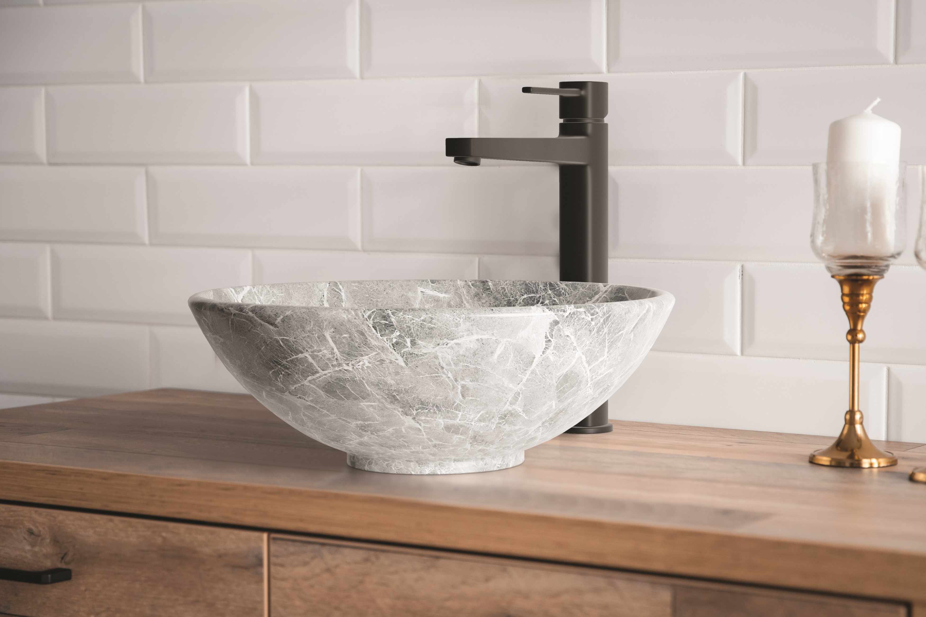 Invena Tinos umywalka 39,5 cm nablatowa okrągła efekt marmuru szara mat CE-43-707