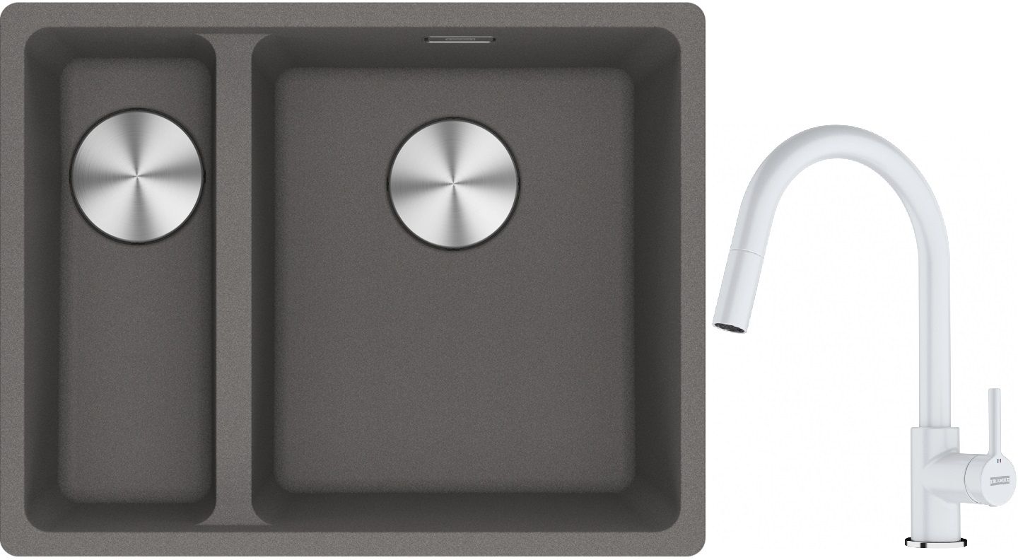 Franke Maris MRG 160-34-15SBL zlewozmywak 52x40 cm Fragranite kamienny szary z baterią kuchenną Lina biały polarny (1250687270, ...