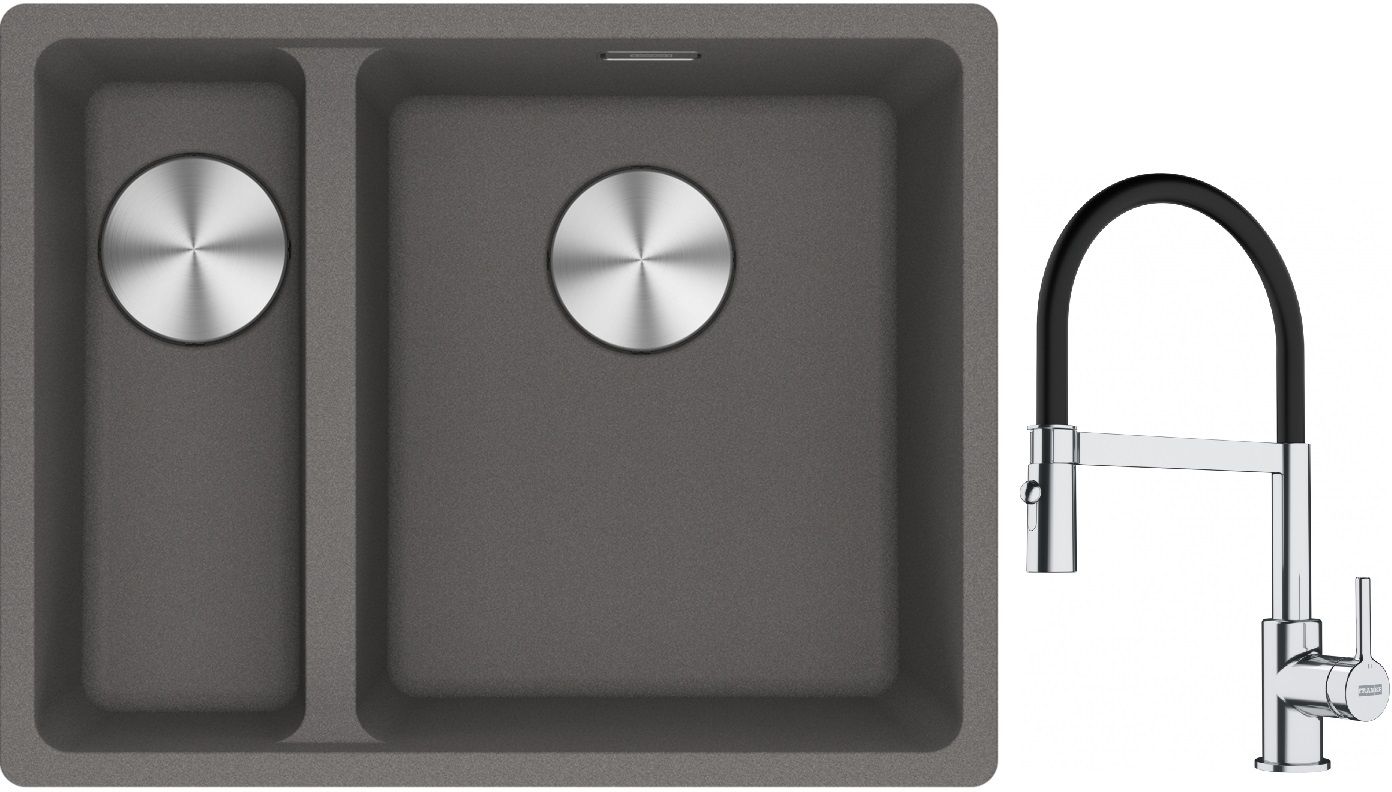 Franke Maris MRG 160-34-15SBL zlewozmywak 52x40 cm Fragranite kamienny szary z baterią kuchenną Lina chrom/czarny (1250687270, 1150626085)
