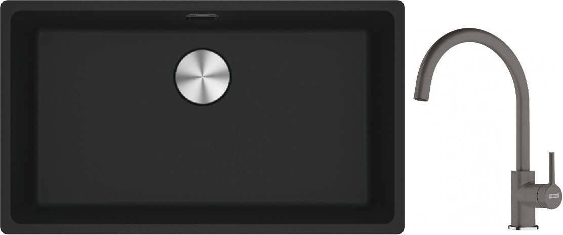 Franke Maris MRG 110-72 zlewozmywak 72x40 cm Fragranite czarny mat z baterią kuchenną Lina kamienny szary (1250687260, 1150626022)