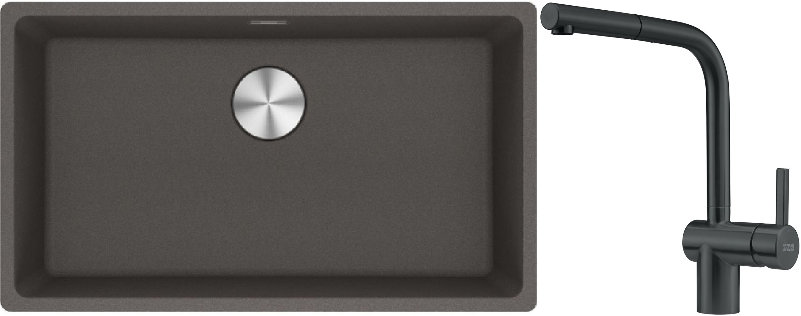 Franke Maris MRG 110-72 zlewozmywak granitowy 75,3x43,3 cm szary/grafitowy/onyx z baterią kuchenną Atlas czarna stal szlachetna ...