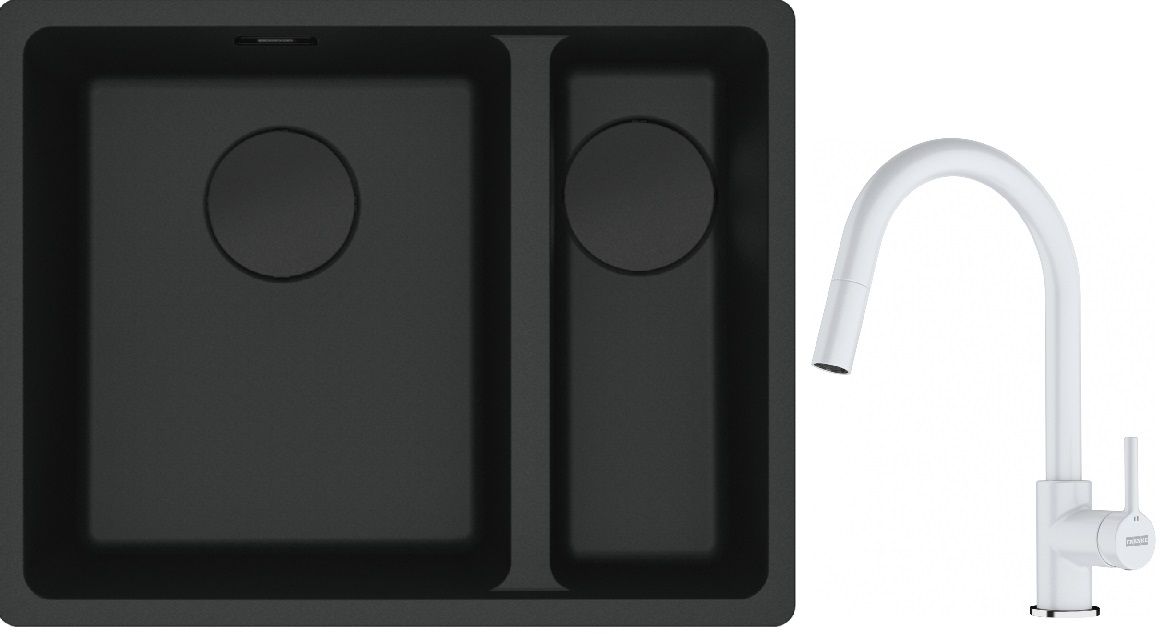 Franke Maris MRG 160-34-15SBR zlewozmywak 52x40 cm Fragranite czarny mat z baterią kuchenną Lina biały polarny (1250697755, 1150626081)
