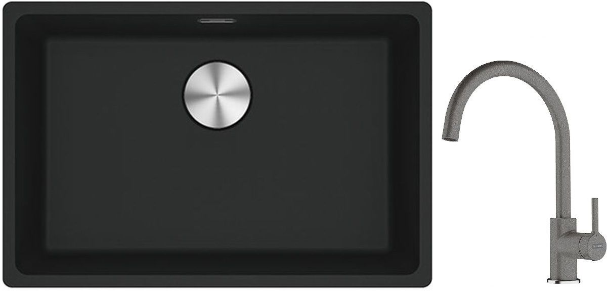 Franke Maris MRG 110-52 zlewozmywak 52x40 cm Fragranite czarny mat z baterią kuchenną Lina kamienny szary (1250687252, 1150626022)