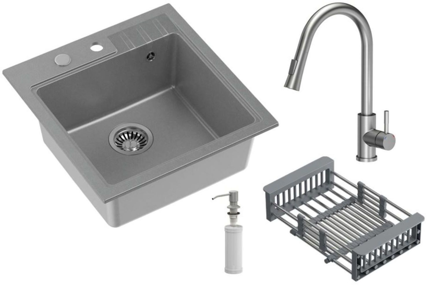 Quadron Comfort 110 zlewozmywak 52x50 cm z baterią i dozownikiem szary/stalowy HCQP5052SZK_3673500BS