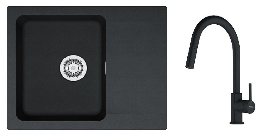 Zestaw Franke Orion zlewozmywak granitowy 62x50 cm z baterią kuchenną Lina Pull-Out onyx/czarny mat (1140286441, 1150626053) - Wysyłka w 24h