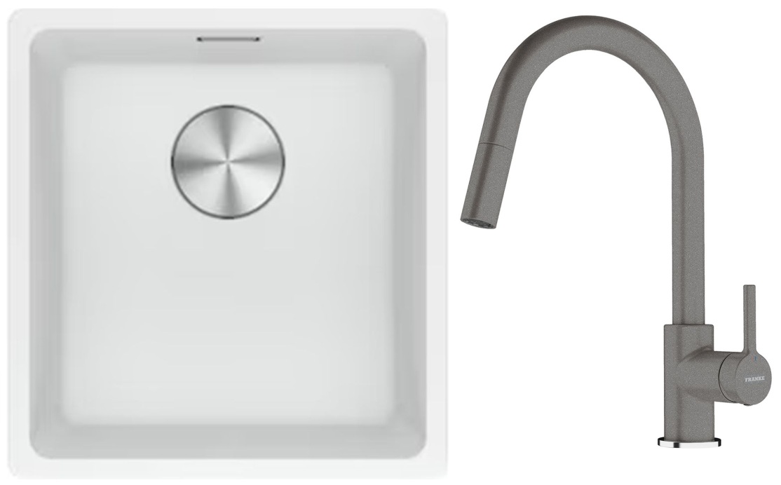 Franke Maris MRG 110-37 zlewozmywak 40x37 cm Fragranite biały polarny z baterią kuchenną Lina kamienny szary (1250687251, 1150626057)