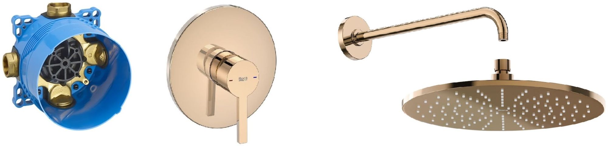 Zestaw Roca Naia Rose Gold zestaw prysznicowy podtynkowy z deszczownicą różowe złoto (A5A2B96RG0, A525869403, A5B0250RG0, A5B3950RG0)