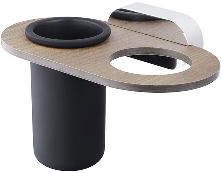 Bisk Bergen kubek na szczoteczki ścienny podwójny chrom/drewno/czarny mat 07065