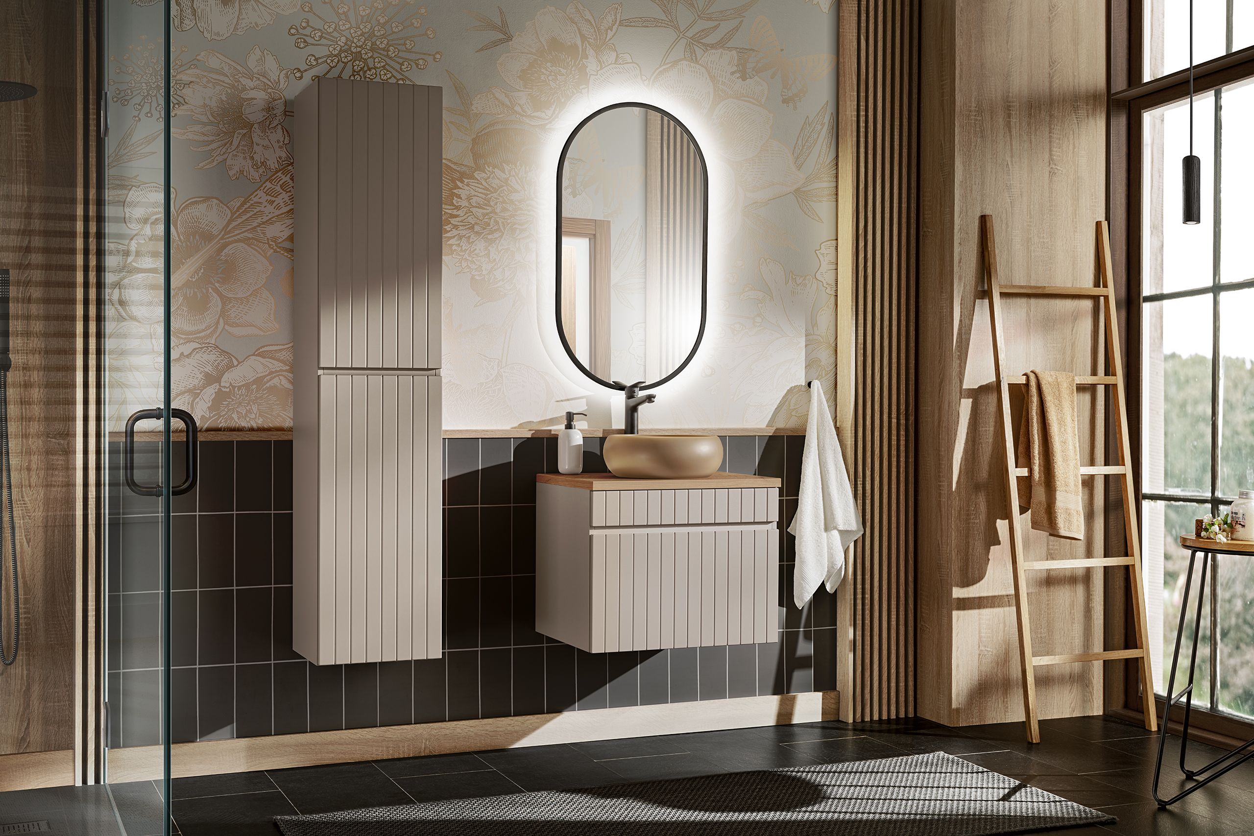 Comad Iconic Cashmere zestaw mebli łazienkowych szafka 60 cm podumywalkowa wisząca kaszmir z umywalką, szafka wysoka 140 cm i lustro SET ... - Wysyłka