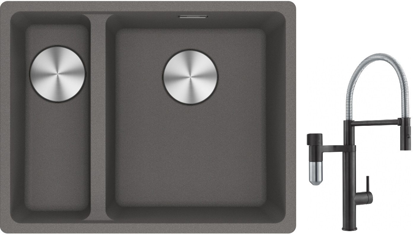 Franke Maris MRG 160-34-15SBL zlewozmywak 52x40 cm Fragranite kamienny szary z baterią kuchenną Vital Semi-Pro czarny mat/stal ...