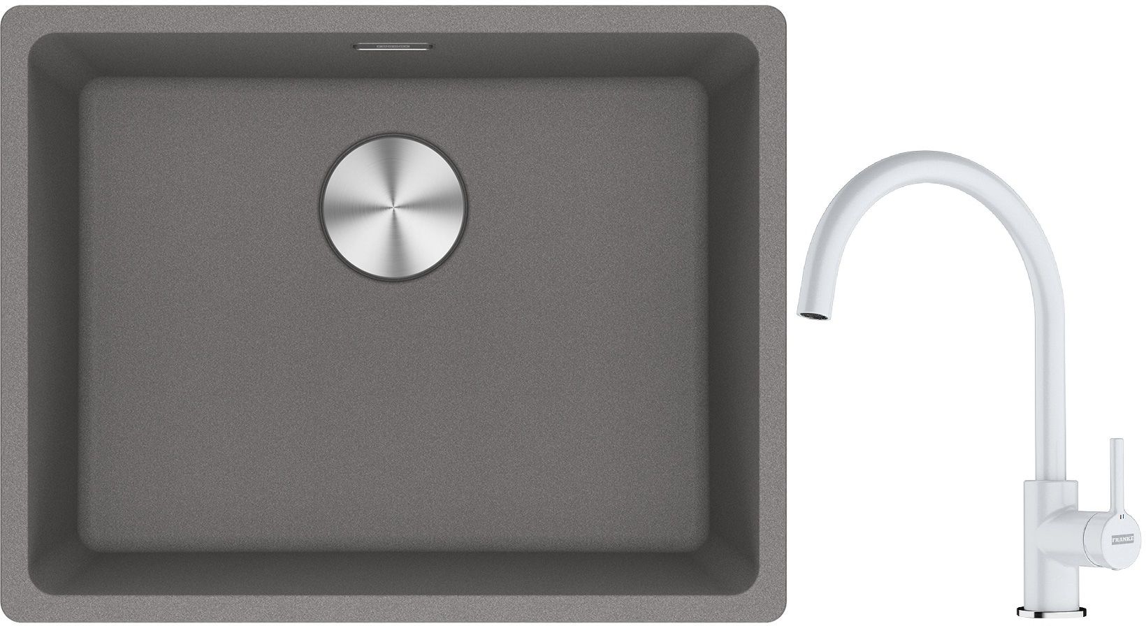 Franke Maris MRG 110-52 zlewozmywak 55x43 cm Fragranite kamienny szary z baterią kuchenną Lina biały polarny (1250687254, 1150626024)