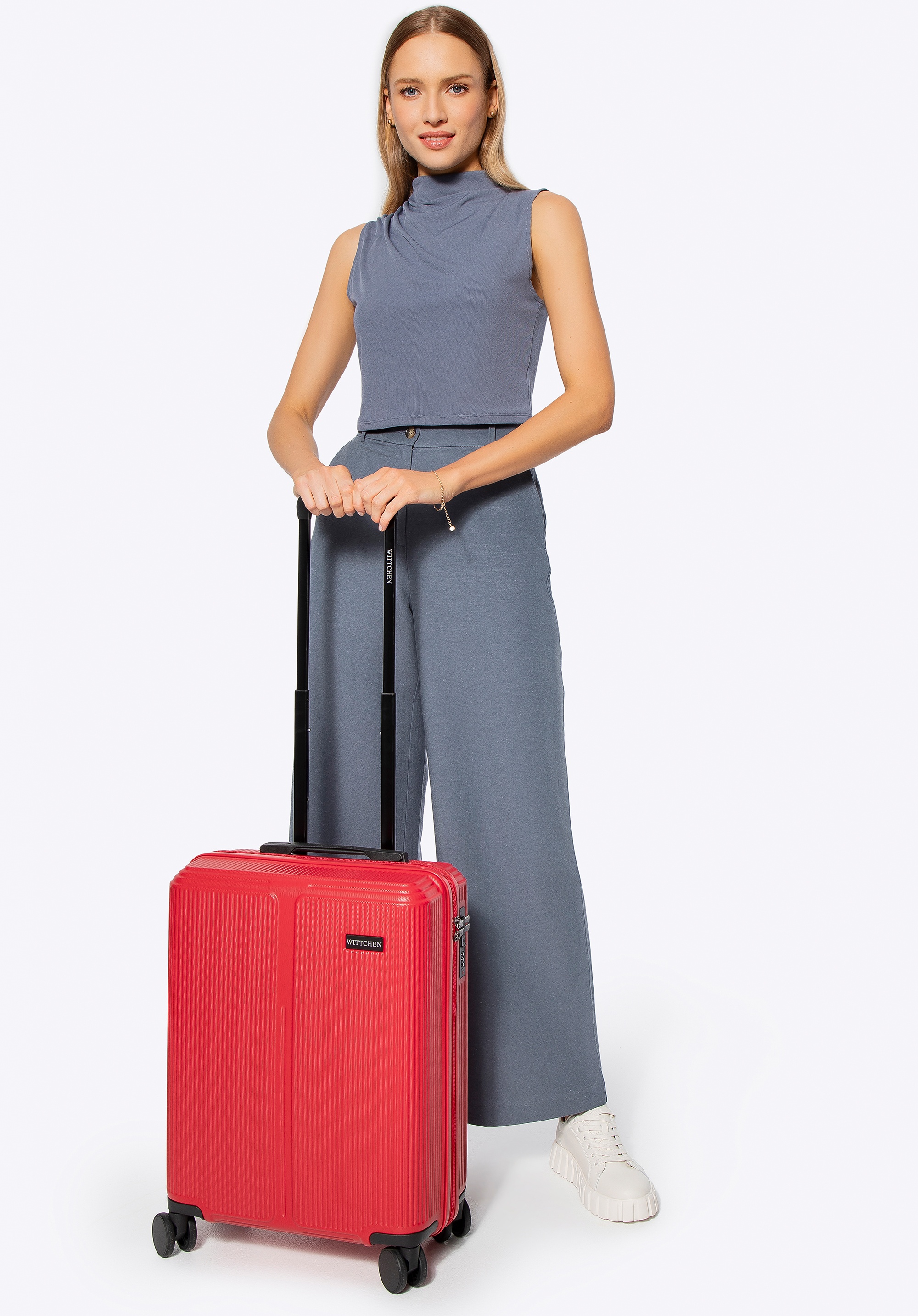 Mała walizka z ABS-u w drobne paski czerwona