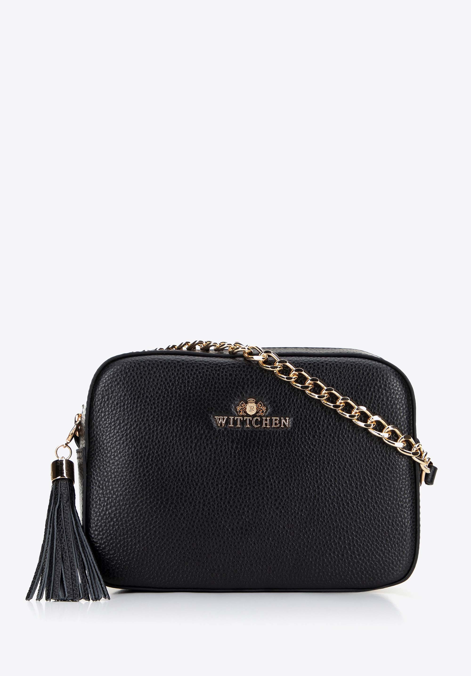 Damska listonoszka skórzana pudełkowa na łańcuszku czarno-złota