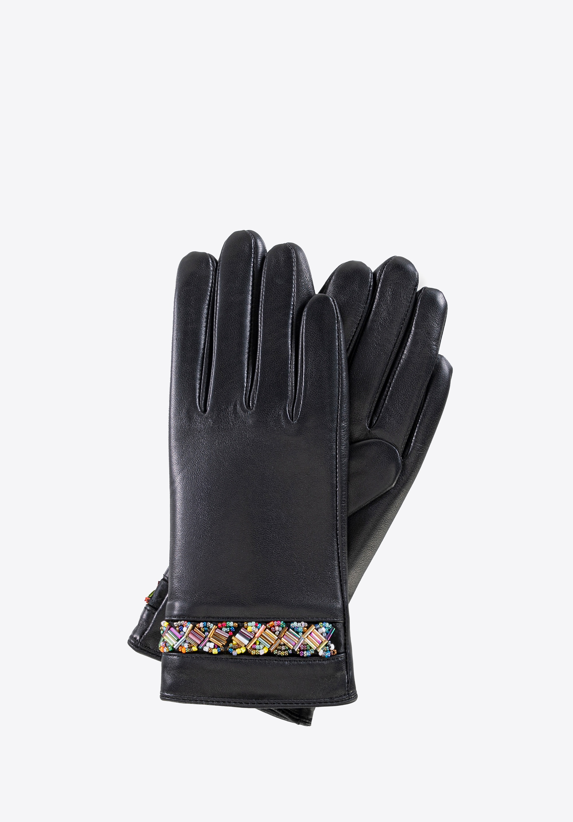 Damskie rękawiczki ze skóry z koralikami czarne