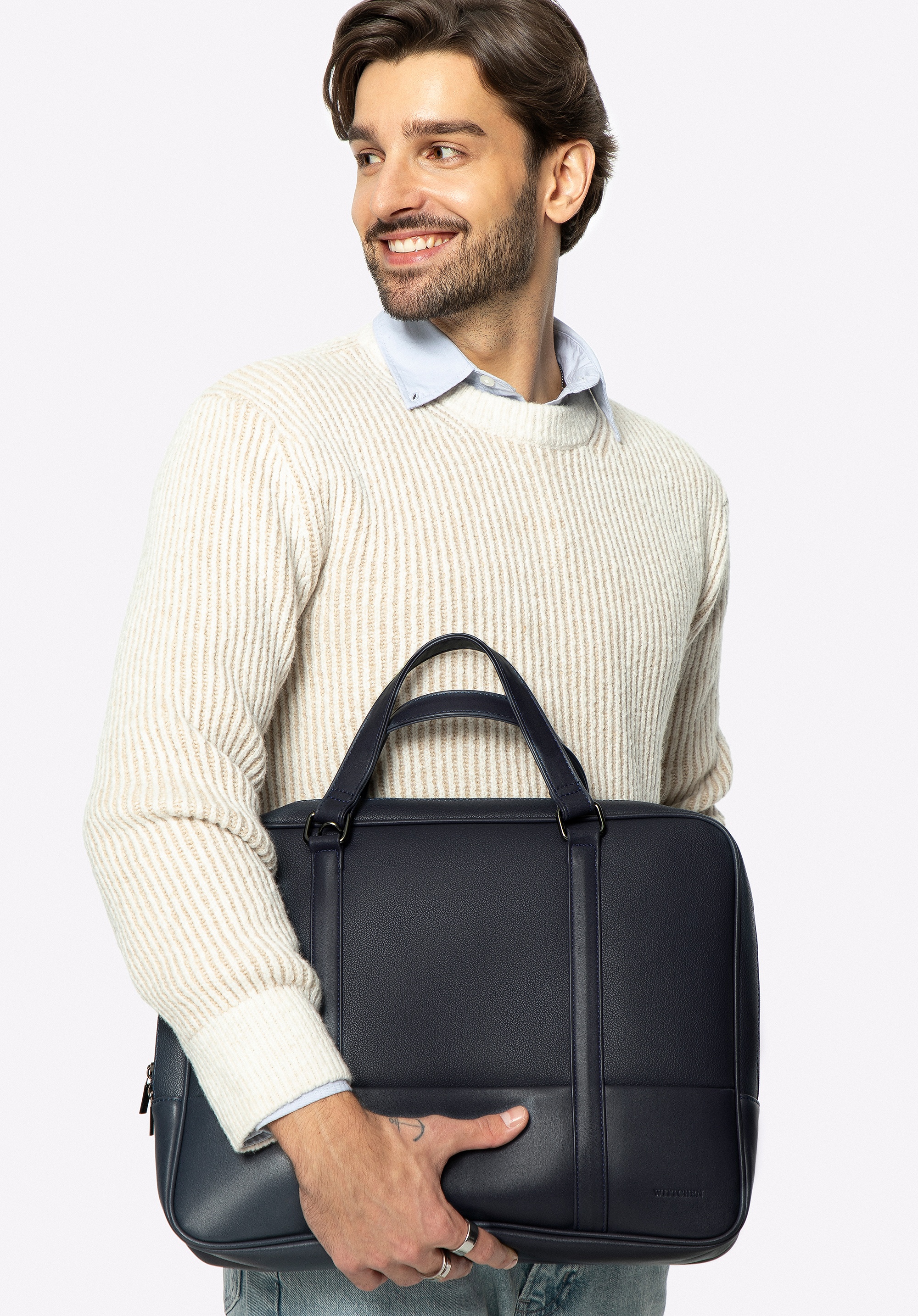 Torba na laptopa 15,6” z ekoskóry o dwóch fakturach dwukomorowa granatowa